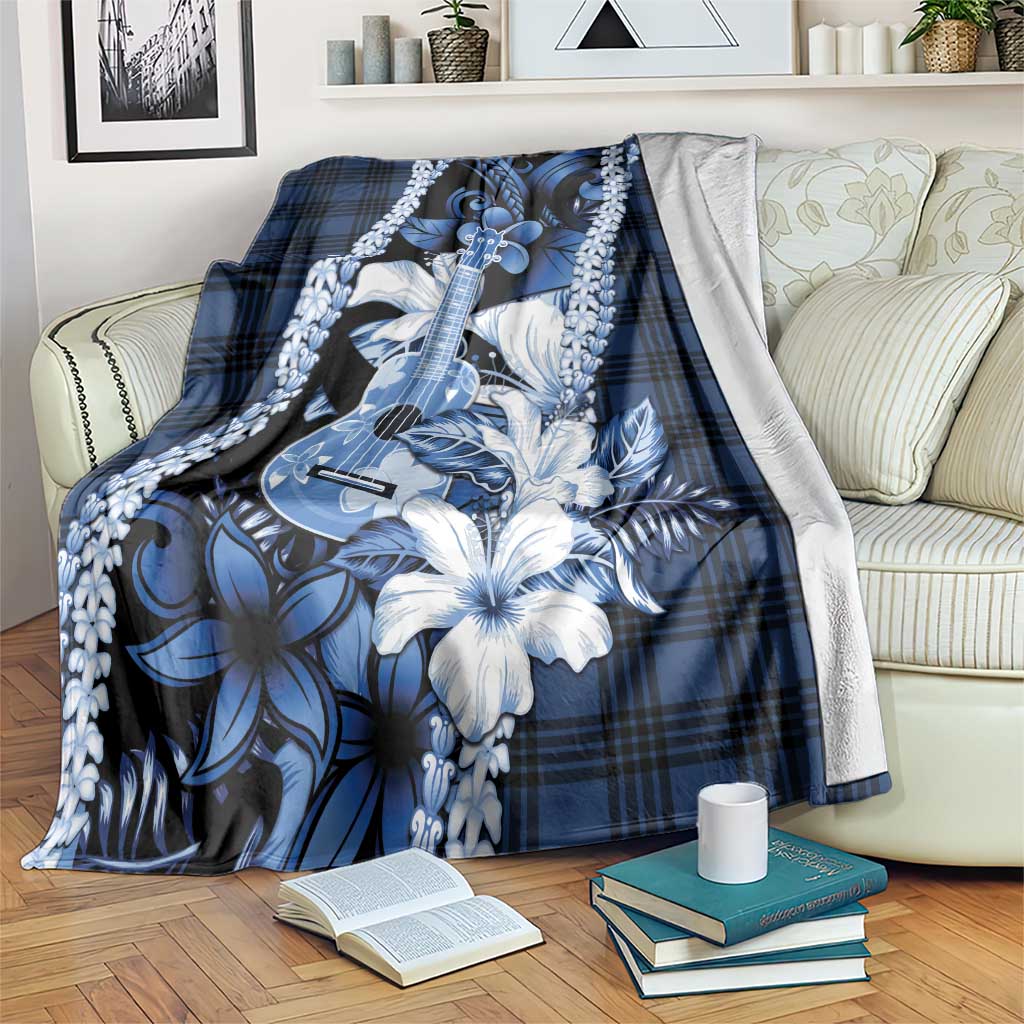 Hawaii Ukulele Blanket Tropical Flowers With Palaka Effect Blue Version - Polynesian Pride