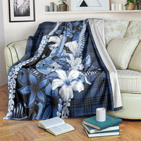 Hawaii Ukulele Blanket Tropical Flowers With Palaka Effect Blue Version - Polynesian Pride