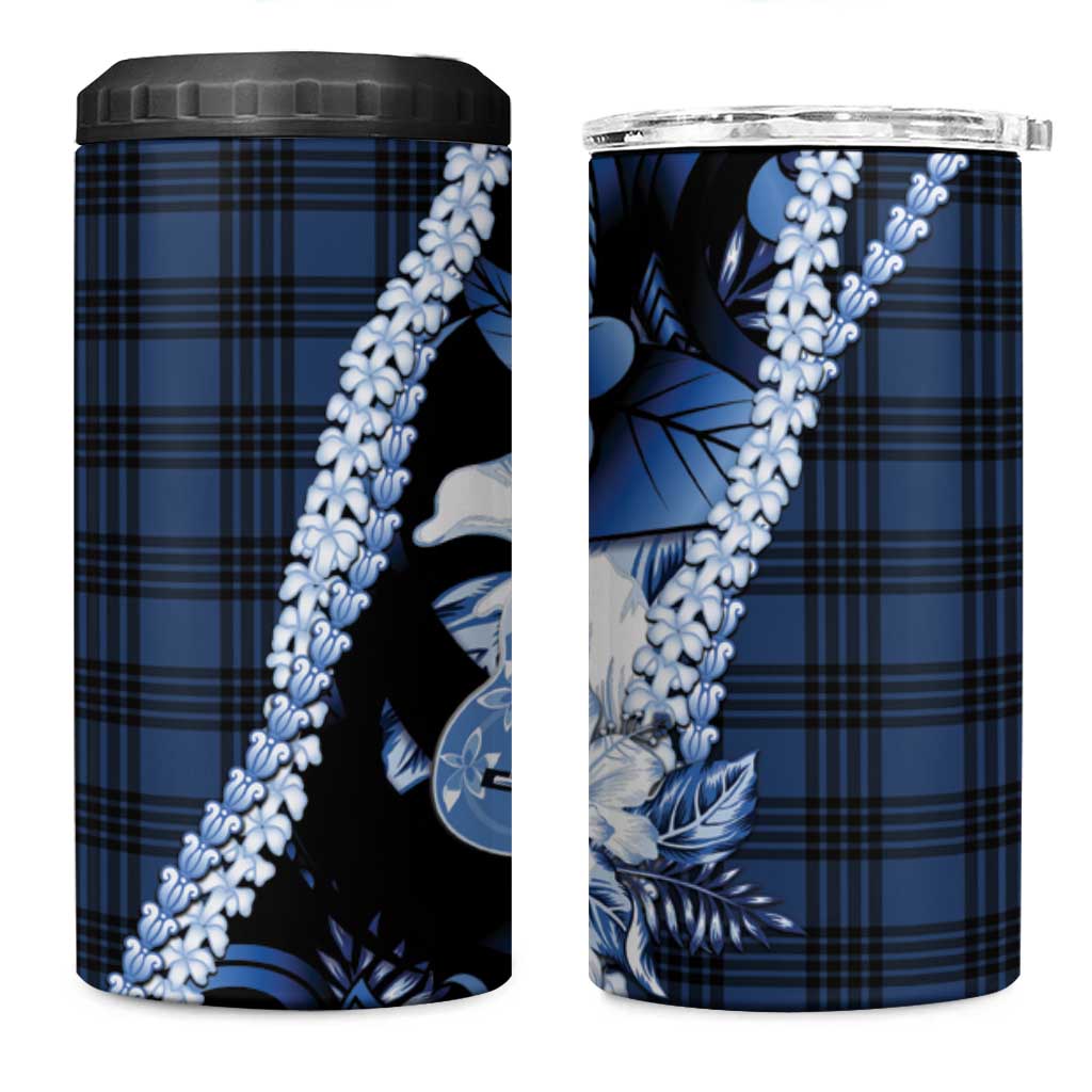 Hawaii Ukulele 4 in 1 Can Cooler Tumbler Tropical Flowers With Palaka Effect Blue Version LT05 One Size: 16 oz Blue - Polynesian Pride