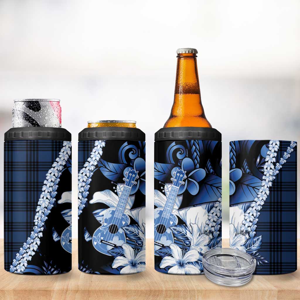 Hawaii Ukulele 4 in 1 Can Cooler Tumbler Tropical Flowers With Palaka Effect Blue Version LT05 - Polynesian Pride