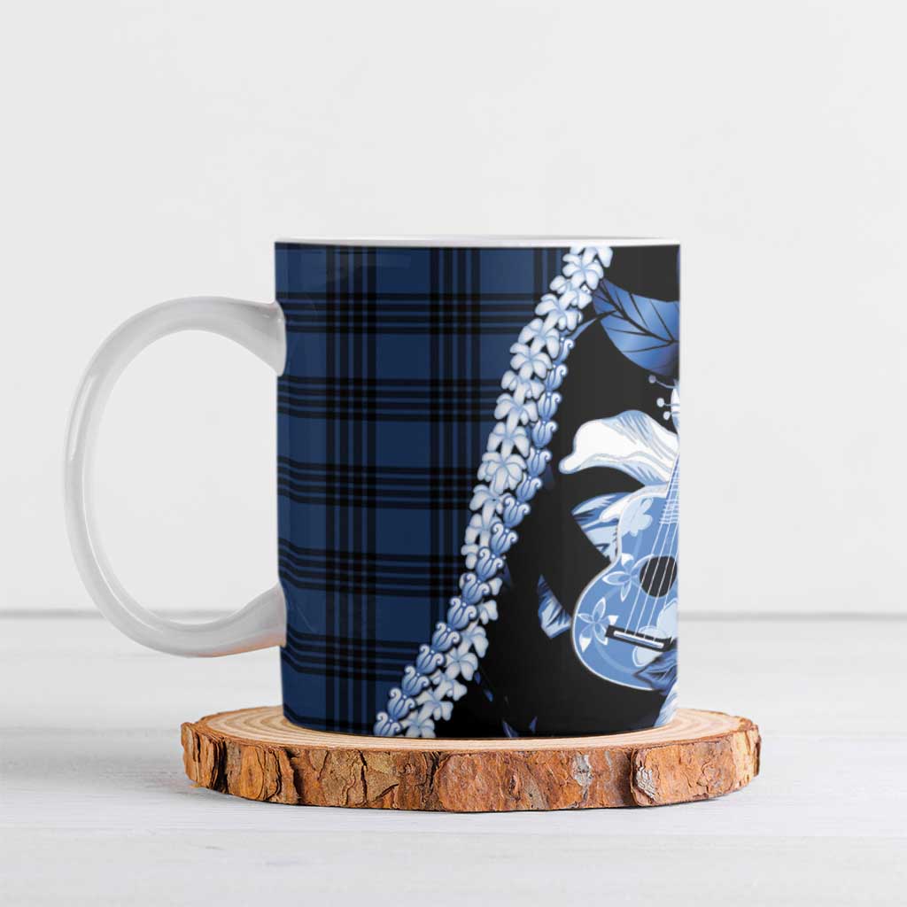 Hawaii Ukulele Ceramic Mug Tropical Flowers With Palaka Effect Blue Version - Polynesian Pride