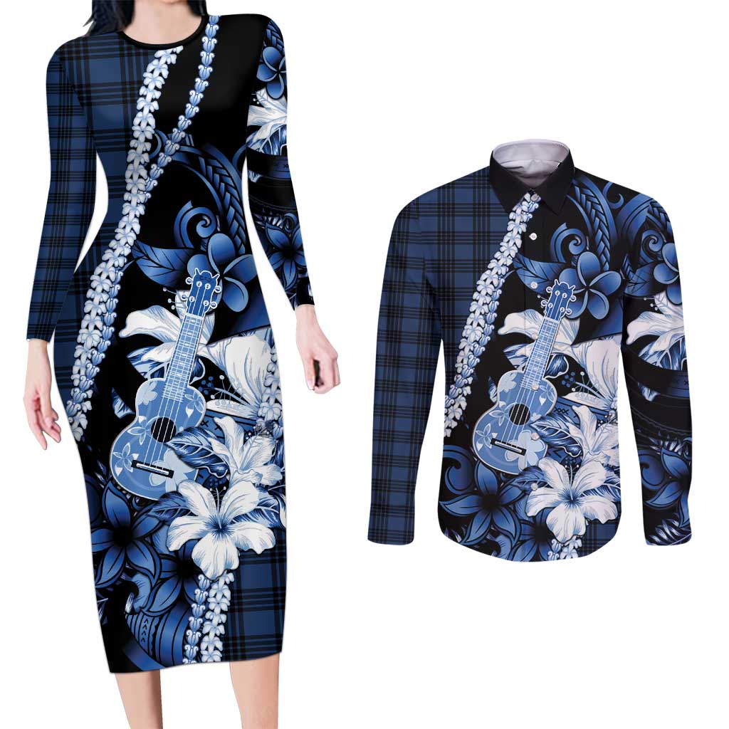 Hawaii Ukulele Couples Matching Long Sleeve Bodycon Dress and Long Sleeve Button Shirt Tropical Flowers With Palaka Effect Blue Version LT05 Blue - Polynesian Pride
