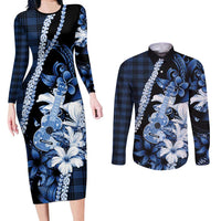 Hawaii Ukulele Couples Matching Long Sleeve Bodycon Dress and Long Sleeve Button Shirt Tropical Flowers With Palaka Effect Blue Version LT05 Blue - Polynesian Pride