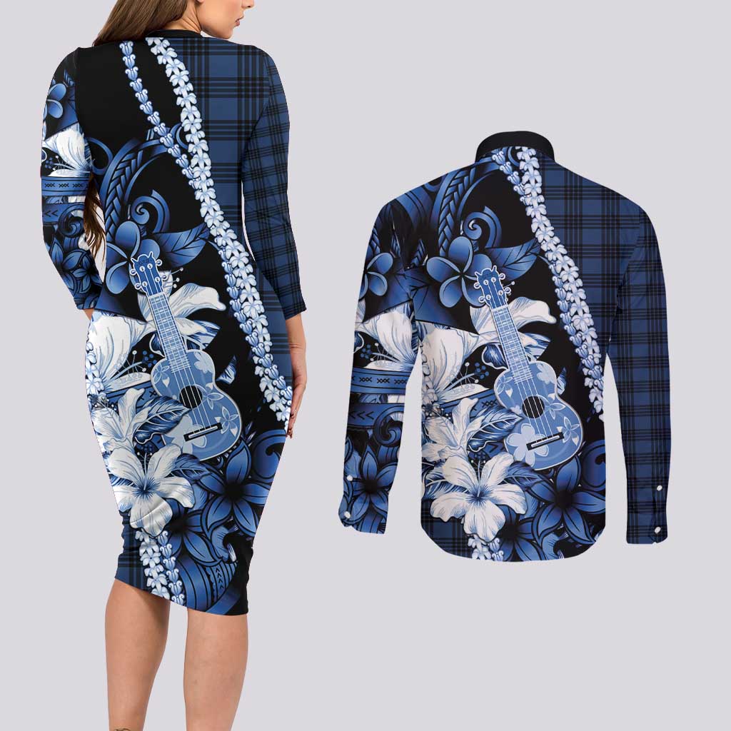 Hawaii Ukulele Couples Matching Long Sleeve Bodycon Dress and Long Sleeve Button Shirt Tropical Flowers With Palaka Effect Blue Version LT05 - Polynesian Pride