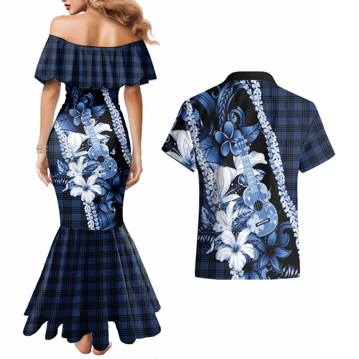 Hawaii Ukulele Couples Matching Mermaid Dress and Hawaiian Shirt Tropical Flowers With Palaka Effect Blue Version - Polynesian Pride