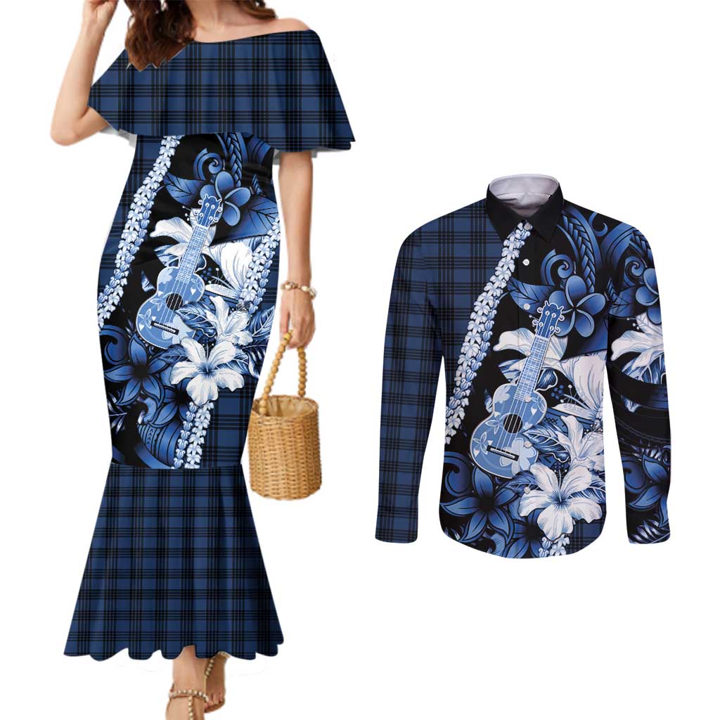 Hawaii Ukulele Couples Matching Mermaid Dress and Long Sleeve Button Shirt Tropical Flowers With Palaka Effect Blue Version - Polynesian Pride