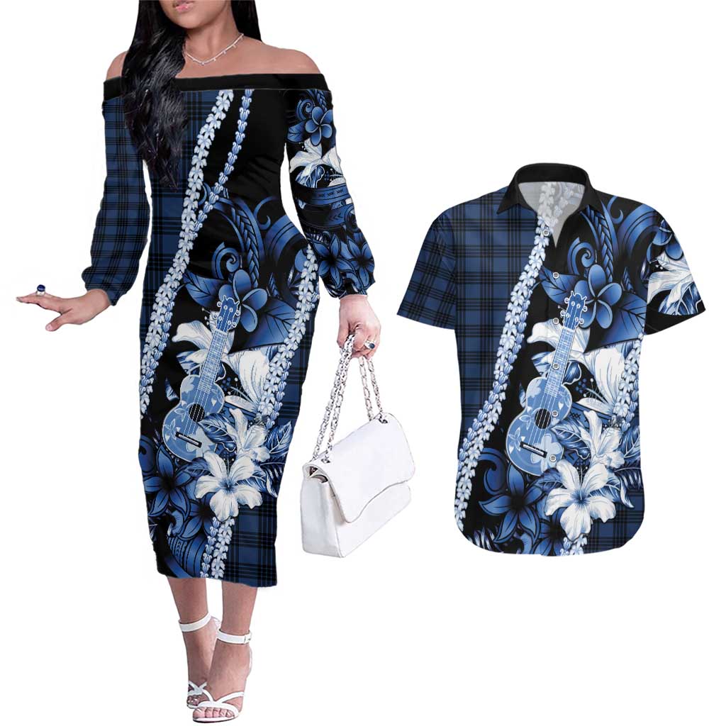 Hawaii Ukulele Couples Matching Off The Shoulder Long Sleeve Dress and Hawaiian Shirt Tropical Flowers With Palaka Effect Blue Version - Polynesian Pride