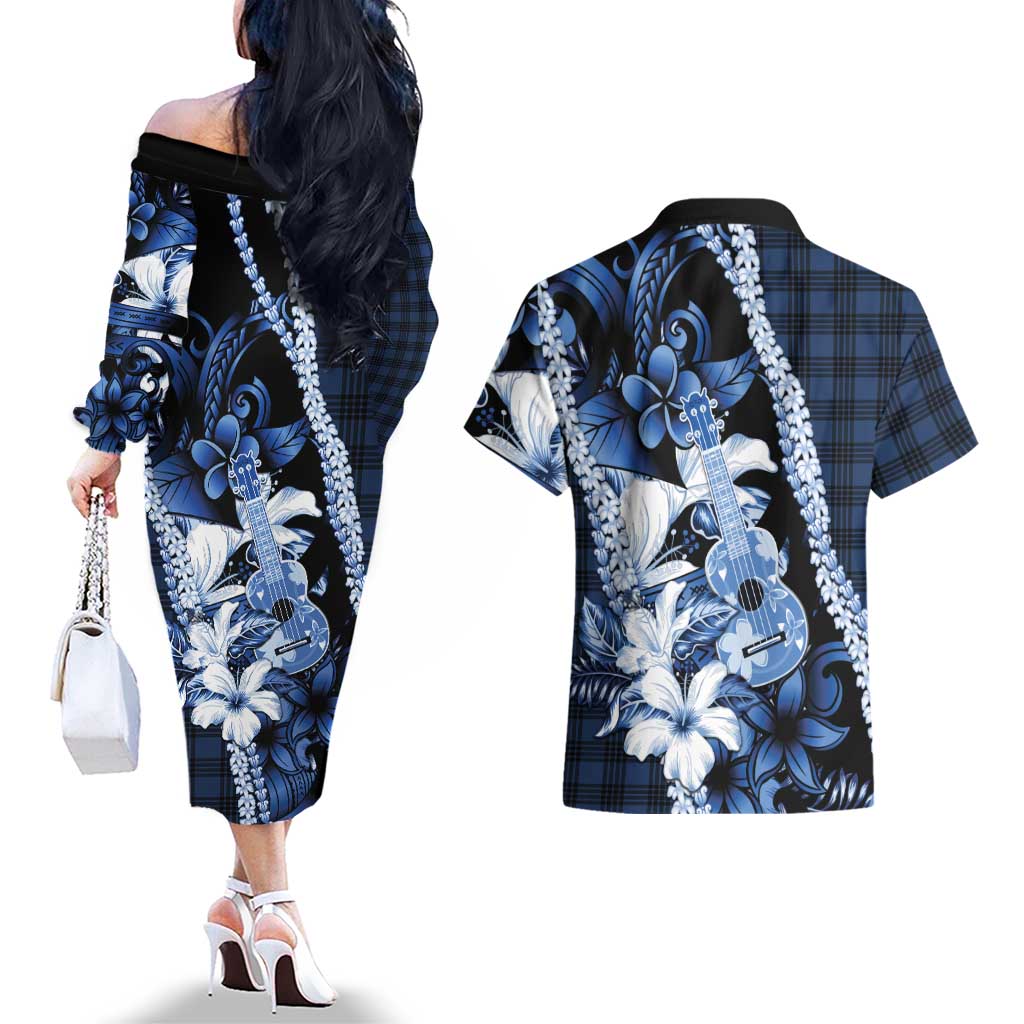 Hawaii Ukulele Couples Matching Off The Shoulder Long Sleeve Dress and Hawaiian Shirt Tropical Flowers With Palaka Effect Blue Version - Polynesian Pride