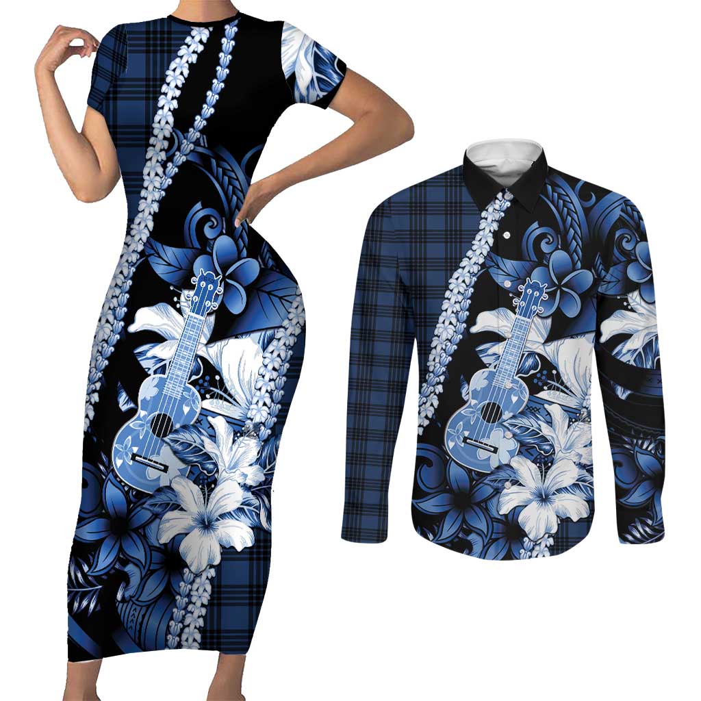 Hawaii Ukulele Couples Matching Short Sleeve Bodycon Dress and Long Sleeve Button Shirt Tropical Flowers With Palaka Effect Blue Version LT05 Blue - Polynesian Pride