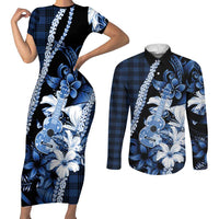 Hawaii Ukulele Couples Matching Short Sleeve Bodycon Dress and Long Sleeve Button Shirt Tropical Flowers With Palaka Effect Blue Version LT05 Blue - Polynesian Pride
