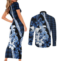Hawaii Ukulele Couples Matching Short Sleeve Bodycon Dress and Long Sleeve Button Shirt Tropical Flowers With Palaka Effect Blue Version LT05 - Polynesian Pride
