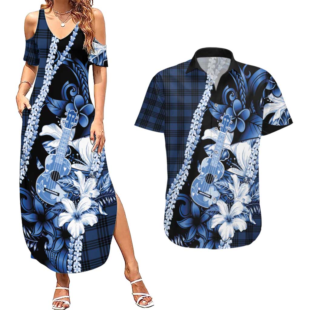 Hawaii Ukulele Couples Matching Summer Maxi Dress and Hawaiian Shirt Tropical Flowers With Palaka Effect Blue Version LT05 Blue - Polynesian Pride