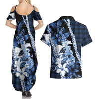 Hawaii Ukulele Couples Matching Summer Maxi Dress and Hawaiian Shirt Tropical Flowers With Palaka Effect Blue Version LT05 - Polynesian Pride
