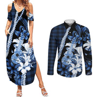 Hawaii Ukulele Couples Matching Summer Maxi Dress and Long Sleeve Button Shirt Tropical Flowers With Palaka Effect Blue Version - Polynesian Pride