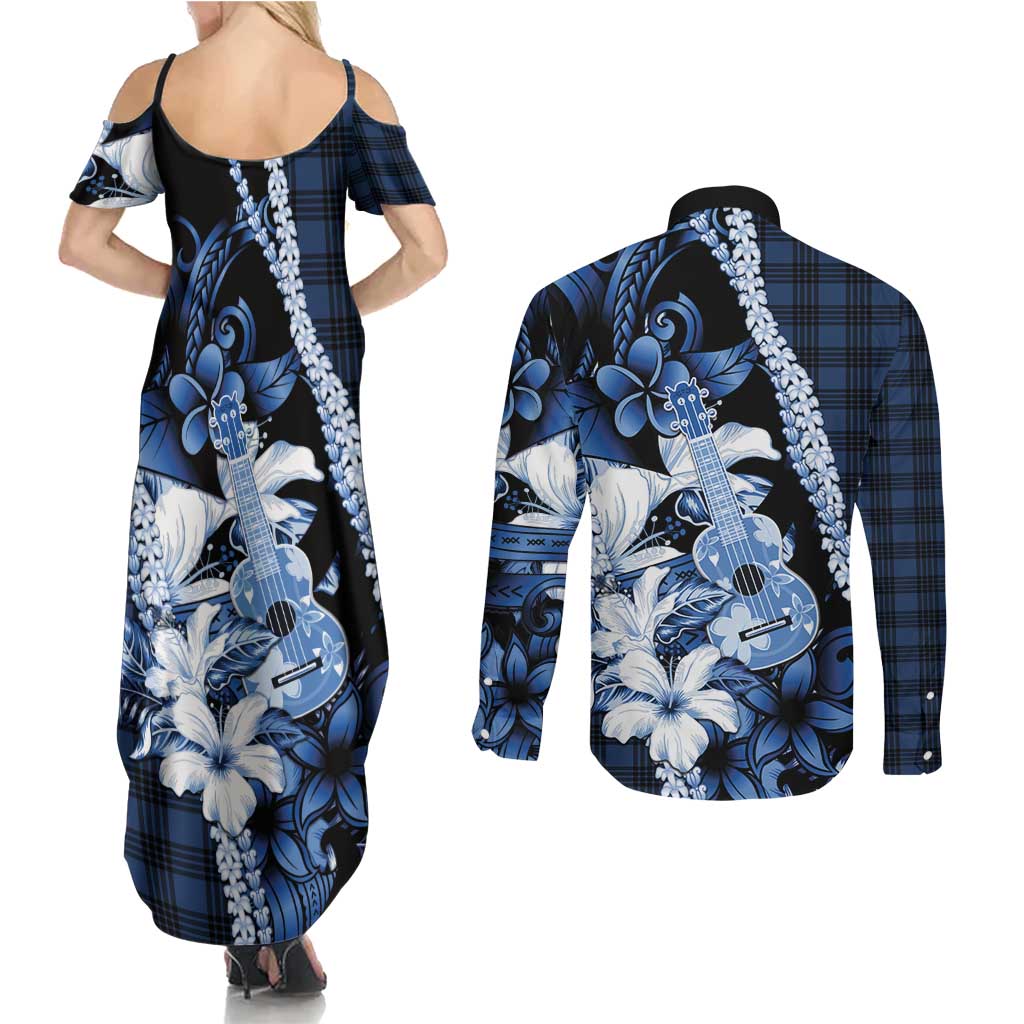 Hawaii Ukulele Couples Matching Summer Maxi Dress and Long Sleeve Button Shirt Tropical Flowers With Palaka Effect Blue Version - Polynesian Pride