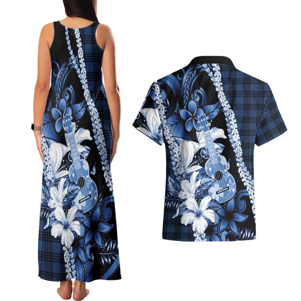 Hawaii Ukulele Couples Matching Tank Maxi Dress and Hawaiian Shirt Tropical Flowers With Palaka Effect Blue Version - Polynesian Pride
