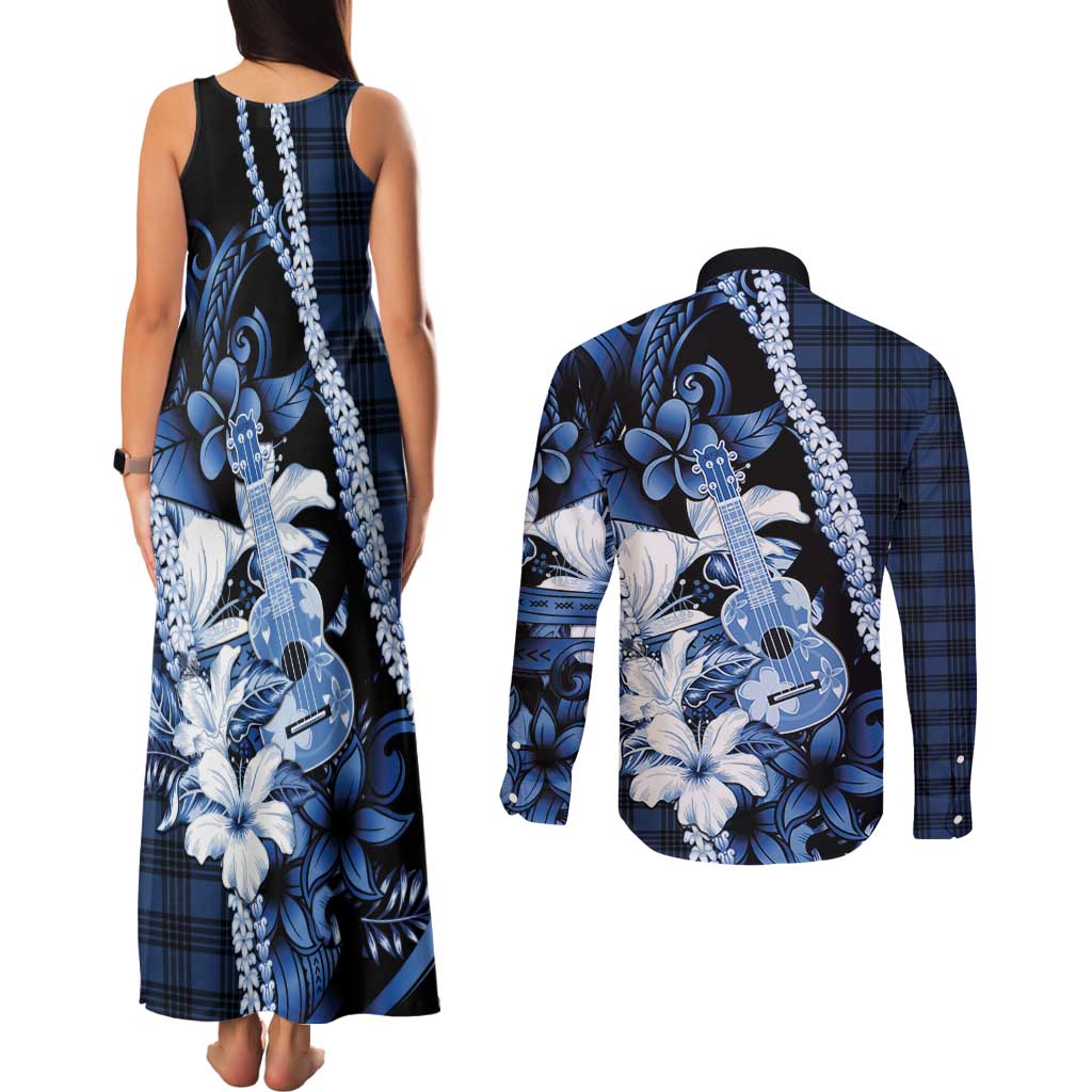 Hawaii Ukulele Couples Matching Tank Maxi Dress and Long Sleeve Button Shirt Tropical Flowers With Palaka Effect Blue Version - Polynesian Pride