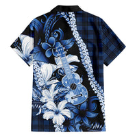 Hawaii Ukulele Family Matching Long Sleeve Bodycon Dress and Hawaiian Shirt Tropical Flowers With Palaka Effect Blue Version - Polynesian Pride
