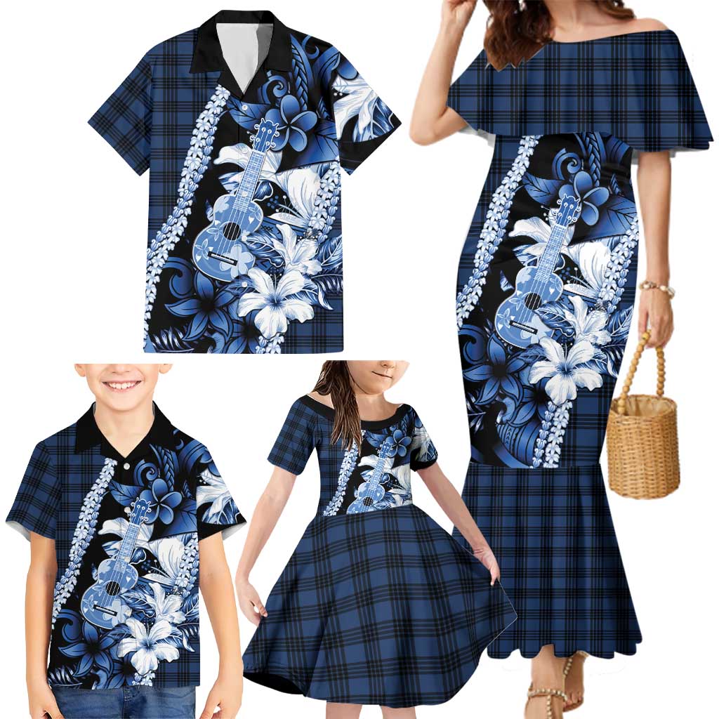 Hawaii Ukulele Family Matching Mermaid Dress and Hawaiian Shirt Tropical Flowers With Palaka Effect Blue Version - Polynesian Pride