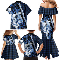 Hawaii Ukulele Family Matching Mermaid Dress and Hawaiian Shirt Tropical Flowers With Palaka Effect Blue Version - Polynesian Pride