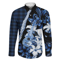Hawaii Ukulele Family Matching Mermaid Dress and Hawaiian Shirt Tropical Flowers With Palaka Effect Blue Version - Polynesian Pride