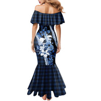 Hawaii Ukulele Family Matching Mermaid Dress and Hawaiian Shirt Tropical Flowers With Palaka Effect Blue Version - Polynesian Pride