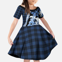 Hawaii Ukulele Family Matching Off The Shoulder Long Sleeve Dress and Hawaiian Shirt Tropical Flowers With Palaka Effect Blue Version - Polynesian Pride