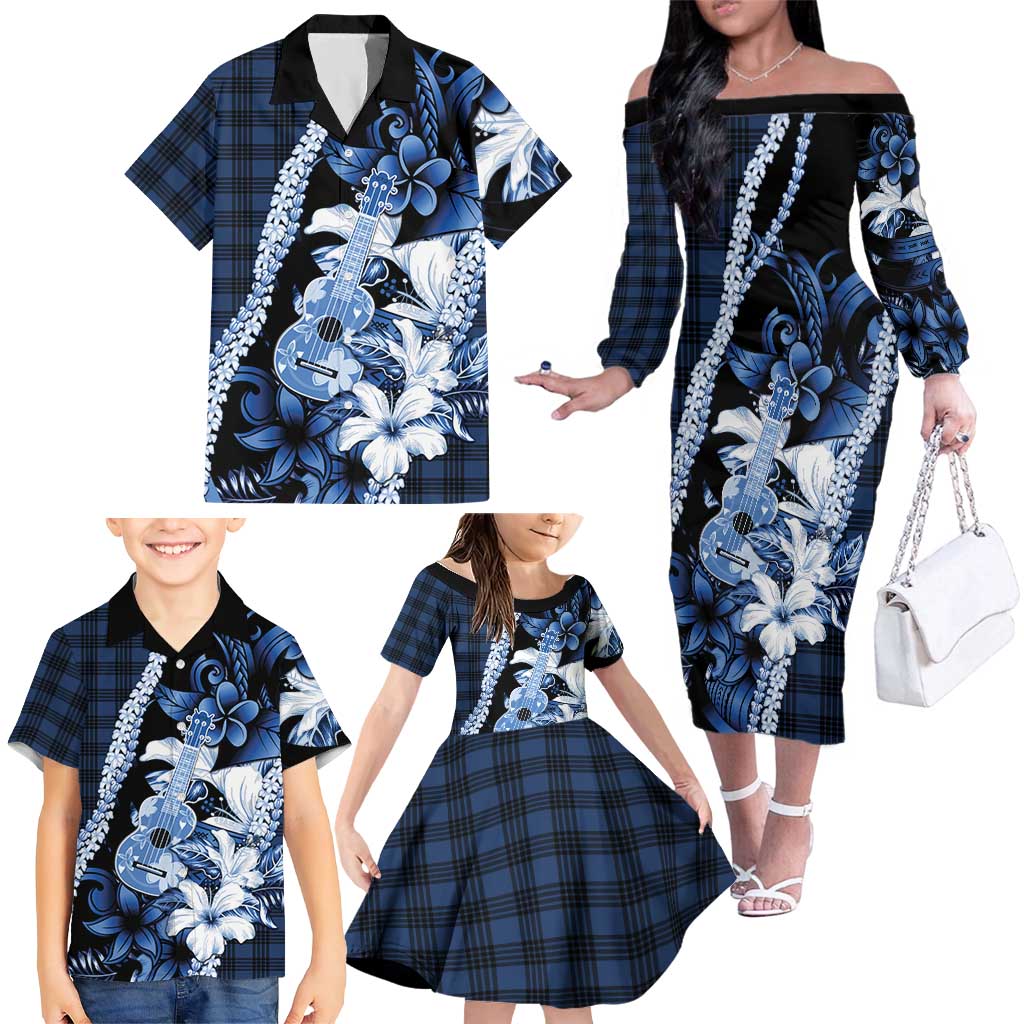 Hawaii Ukulele Family Matching Off The Shoulder Long Sleeve Dress and Hawaiian Shirt Tropical Flowers With Palaka Effect Blue Version - Polynesian Pride