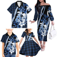 Hawaii Ukulele Family Matching Off The Shoulder Long Sleeve Dress and Hawaiian Shirt Tropical Flowers With Palaka Effect Blue Version - Polynesian Pride