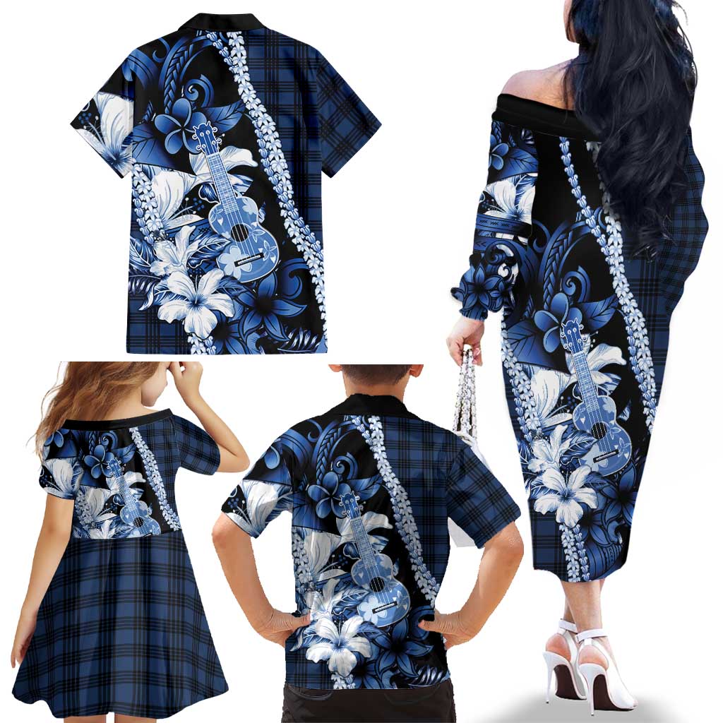 Hawaii Ukulele Family Matching Off The Shoulder Long Sleeve Dress and Hawaiian Shirt Tropical Flowers With Palaka Effect Blue Version - Polynesian Pride
