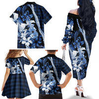 Hawaii Ukulele Family Matching Off The Shoulder Long Sleeve Dress and Hawaiian Shirt Tropical Flowers With Palaka Effect Blue Version - Polynesian Pride