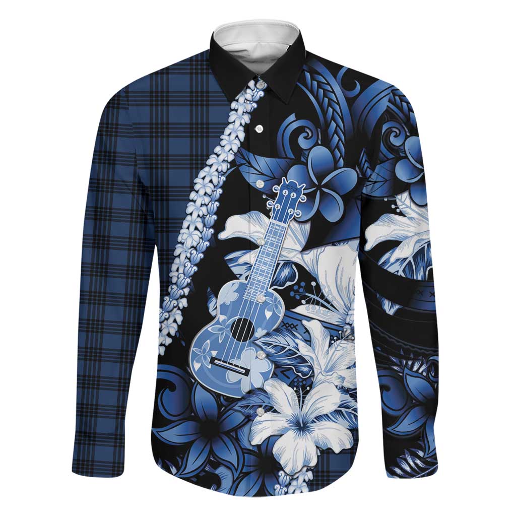 Hawaii Ukulele Family Matching Off The Shoulder Long Sleeve Dress and Hawaiian Shirt Tropical Flowers With Palaka Effect Blue Version - Polynesian Pride