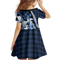 Hawaii Ukulele Family Matching Off Shoulder Short Dress and Hawaiian Shirt Tropical Flowers With Palaka Effect Blue Version - Polynesian Pride
