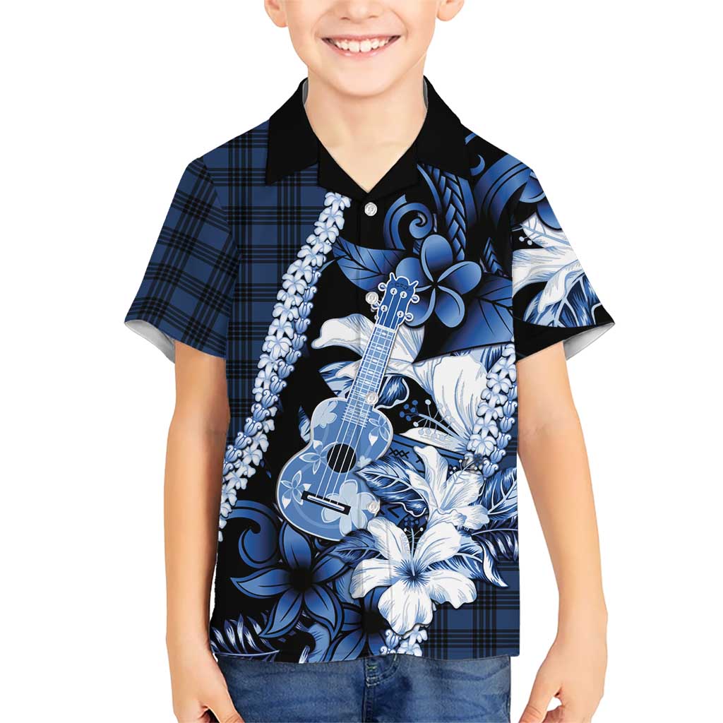 Hawaii Ukulele Family Matching Off Shoulder Short Dress and Hawaiian Shirt Tropical Flowers With Palaka Effect Blue Version - Polynesian Pride