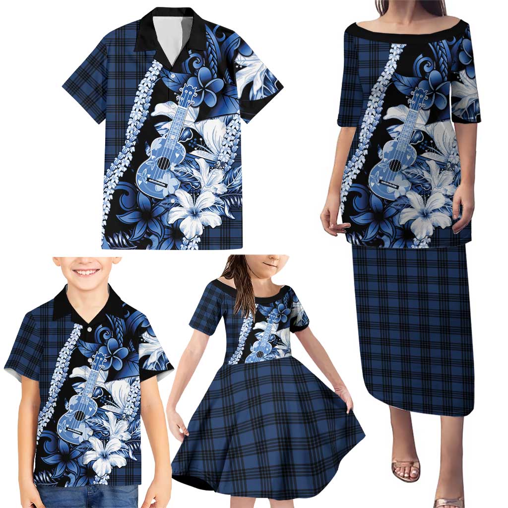 Hawaii Ukulele Family Matching Puletasi and Hawaiian Shirt Tropical Flowers With Palaka Effect Blue Version - Polynesian Pride