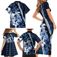 Hawaii Ukulele Family Matching Short Sleeve Bodycon Dress and Hawaiian Shirt Tropical Flowers With Palaka Effect Blue Version - Polynesian Pride