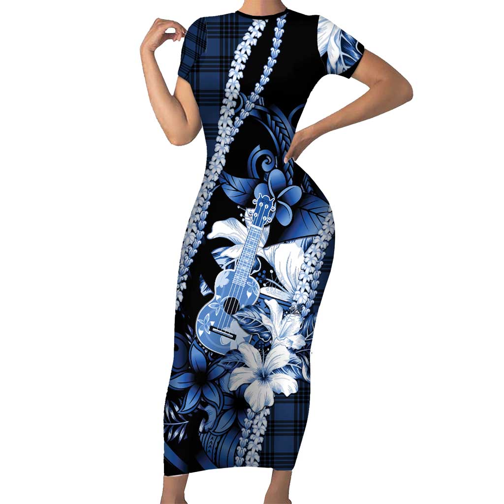 Hawaii Ukulele Family Matching Short Sleeve Bodycon Dress and Hawaiian Shirt Tropical Flowers With Palaka Effect Blue Version - Polynesian Pride