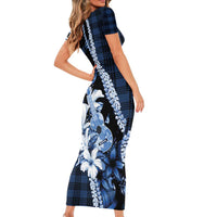 Hawaii Ukulele Family Matching Short Sleeve Bodycon Dress and Hawaiian Shirt Tropical Flowers With Palaka Effect Blue Version - Polynesian Pride