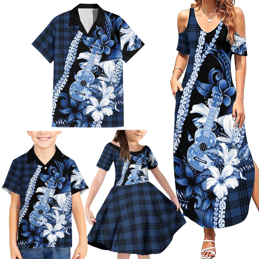 Hawaii Ukulele Family Matching Summer Maxi Dress and Hawaiian Shirt Tropical Flowers With Palaka Effect Blue Version - Polynesian Pride
