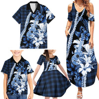 Hawaii Ukulele Family Matching Summer Maxi Dress and Hawaiian Shirt Tropical Flowers With Palaka Effect Blue Version - Polynesian Pride