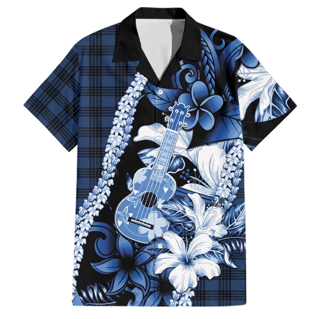Hawaii Ukulele Family Matching Summer Maxi Dress and Hawaiian Shirt Tropical Flowers With Palaka Effect Blue Version - Polynesian Pride