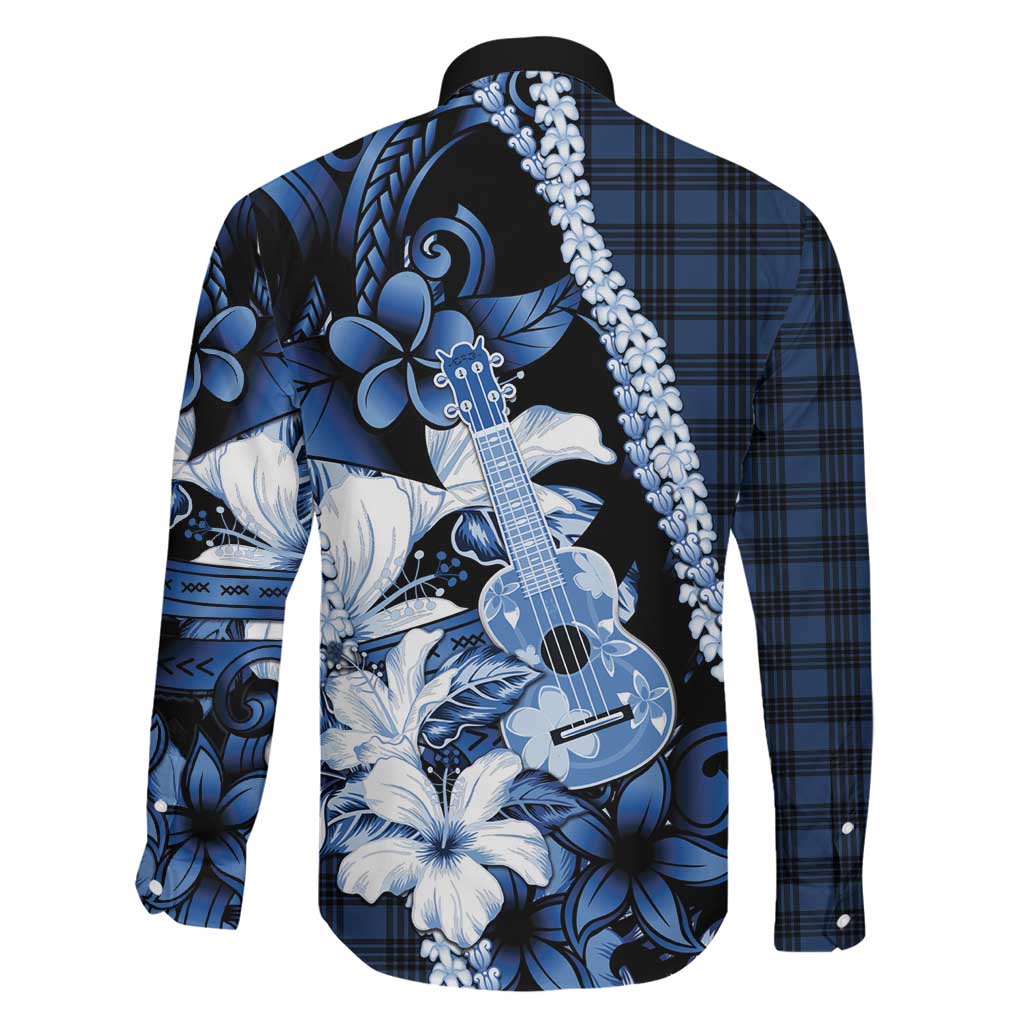 Hawaii Ukulele Family Matching Summer Maxi Dress and Hawaiian Shirt Tropical Flowers With Palaka Effect Blue Version - Polynesian Pride