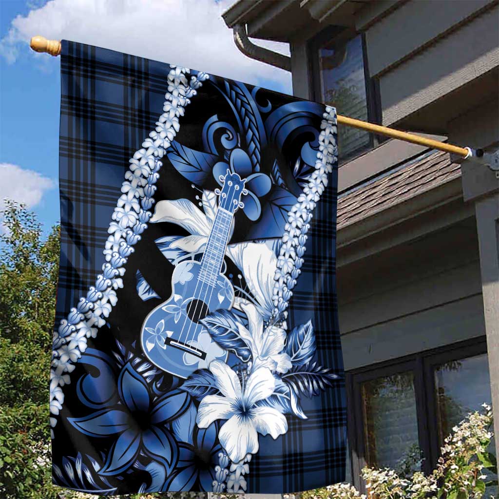 Hawaii Ukulele Garden Flag Tropical Flowers With Palaka Effect Blue Version - Polynesian Pride