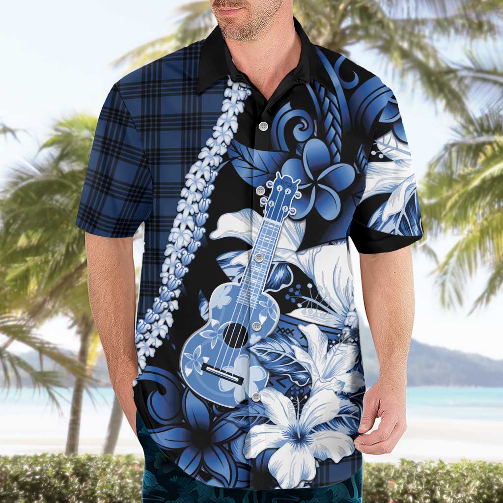 Hawaii Ukulele Hawaiian Shirt Tropical Flowers With Palaka Effect Blue Version - Polynesian Pride