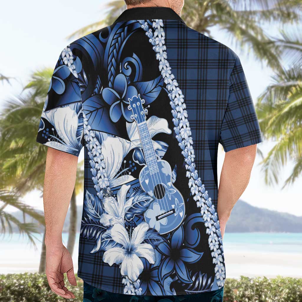 Hawaii Ukulele Hawaiian Shirt Tropical Flowers With Palaka Effect Blue Version - Polynesian Pride
