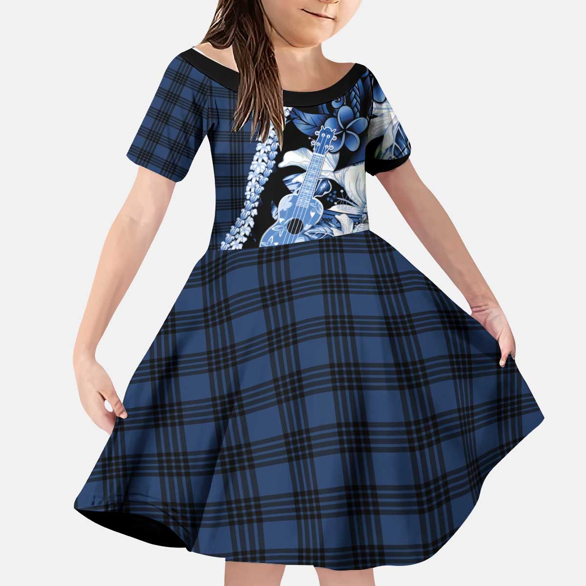 Hawaii Ukulele Kid Short Sleeve Dress Tropical Flowers With Palaka Effect Blue Version - Polynesian Pride