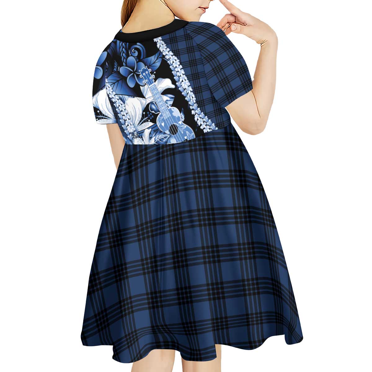 Hawaii Ukulele Kid Short Sleeve Dress Tropical Flowers With Palaka Effect Blue Version LT05 - Polynesian Pride