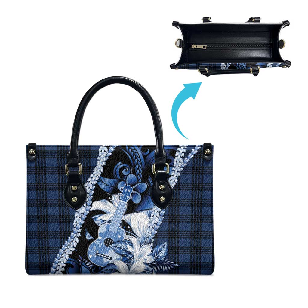 Hawaii Ukulele Leather Bag Tropical Flowers With Palaka Effect Blue Version - Polynesian Pride