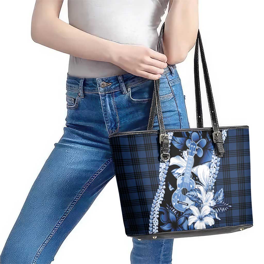 Hawaii Ukulele Leather Tote Bag Tropical Flowers With Palaka Effect Blue Version - Polynesian Pride