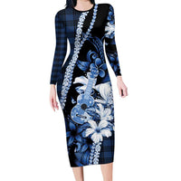 Hawaii Ukulele Long Sleeve Bodycon Dress Tropical Flowers With Palaka Effect Blue Version LT05 Long Dress Blue - Polynesian Pride